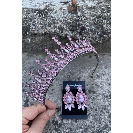 Abrienda Pembe Gelin Kına Tacı Özel Gün Aksesuar Kadın Taç Ve Üç Mekik Küpe Takımı-ABRİENDA-12 Abrienda Pembe Gelin Kına Tacı Özel Gün Aksesuar Kadın Taç Ve Üç Mekik Küpe Takımı-ABRİENDA-12