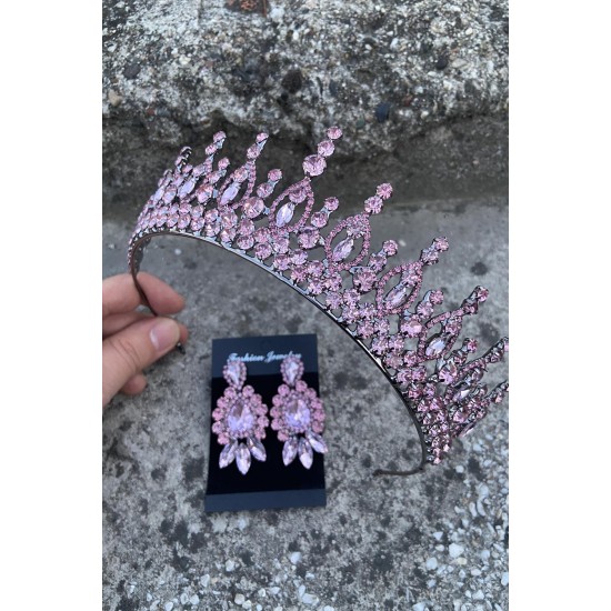 Abrienda Pembe Gelin Kına Tacı Özel Gün Aksesuar Kadın Taç Ve Üç Mekik Küpe Takımı-ABRİENDA-12 Abrienda Pembe Gelin Kına Tacı Özel Gün Aksesuar Kadın Taç Ve Üç Mekik Küpe Takımı-ABRİENDA-12