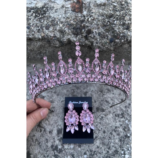 Abrienda Pembe Gelin Kına Tacı Özel Gün Aksesuar Kadın Taç Ve Üç Mekik Küpe Takımı-ABRİENDA-12 Abrienda Pembe Gelin Kına Tacı Özel Gün Aksesuar Kadın Taç Ve Üç Mekik Küpe Takımı-ABRİENDA-12