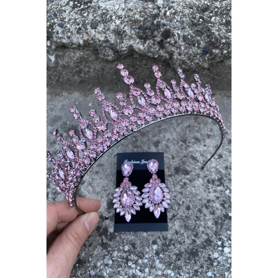 Abrienda Pembe Gelin Kına Tacı Özel Gün Aksesuar Kadın Taç Ve Geniş Mekik Küpe Takımı-ABRİENDA-14 Abrienda Pembe Gelin Kına Tacı Özel Gün Aksesuar Kadın Taç Ve Geniş Mekik Küpe Takımı-ABRİENDA-14