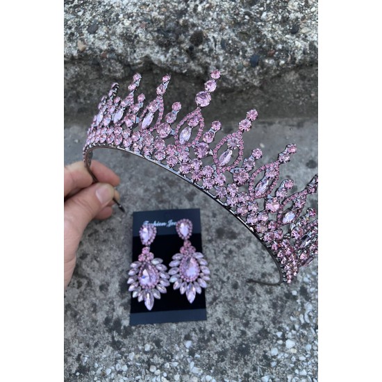 Abrienda Pembe Gelin Kına Tacı Özel Gün Aksesuar Kadın Taç Ve Geniş Mekik Küpe Takımı-ABRİENDA-14 Abrienda Pembe Gelin Kına Tacı Özel Gün Aksesuar Kadın Taç Ve Geniş Mekik Küpe Takımı-ABRİENDA-14