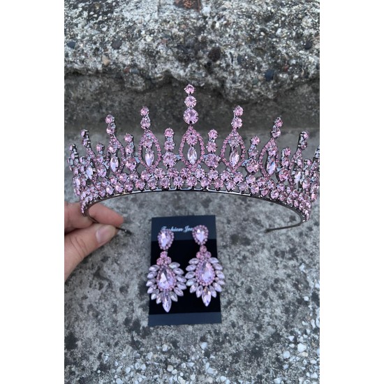 Abrienda Pembe Gelin Kına Tacı Özel Gün Aksesuar Kadın Taç Ve Geniş Mekik Küpe Takımı-ABRİENDA-14 Abrienda Pembe Gelin Kına Tacı Özel Gün Aksesuar Kadın Taç Ve Geniş Mekik Küpe Takımı-ABRİENDA-14