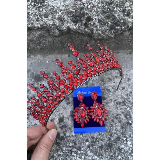 Abrienda Kırmızı Gelin Kına Tacı Özel Gün Aksesuar Kadın Taç Ve Geniş Mekik Küpe Takımı-ABRİENDA-20 Abrienda Kırmızı Gelin Kına Tacı Özel Gün Aksesuar Kadın Taç Ve Geniş Mekik Küpe Takımı-ABRİENDA-20
