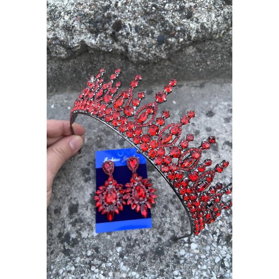 Abrienda Kırmızı Gelin Kına Tacı Özel Gün Aksesuar Kadın Taç Ve Geniş Mekik Küpe Takımı-ABRİENDA-20 Abrienda Kırmızı Gelin Kına Tacı Özel Gün Aksesuar Kadın Taç Ve Geniş Mekik Küpe Takımı-ABRİENDA-20