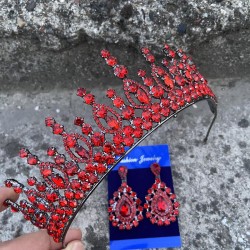 Abrienda Kırmızı Gelin Kına Tacı Özel Gün Aksesuar Kadın Taç Ve Damla Mekik Küpe Takımı-ABRİENDA-22 Abrienda Kırmızı Gelin Kına Tacı Özel Gün Aksesuar Kadın Taç Ve Damla Mekik Küpe Takımı-ABRİENDA-22