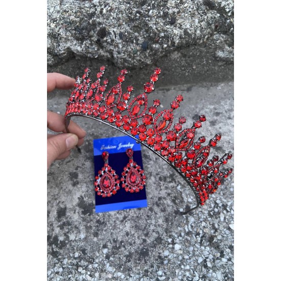 Abrienda Kırmızı Gelin Kına Tacı Özel Gün Aksesuar Kadın Taç Ve Damla Mekik Küpe Takımı-ABRİENDA-22 Abrienda Kırmızı Gelin Kına Tacı Özel Gün Aksesuar Kadın Taç Ve Damla Mekik Küpe Takımı-ABRİENDA-22