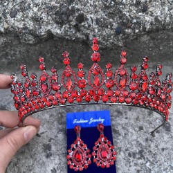 Abrienda Kırmızı Gelin Kına Tacı Özel Gün Aksesuar Kadın Taç Ve Damla Mekik Küpe Takımı-ABRİENDA-22 Abrienda Kırmızı Gelin Kına Tacı Özel Gün Aksesuar Kadın Taç Ve Damla Mekik Küpe Takımı-ABRİENDA-22