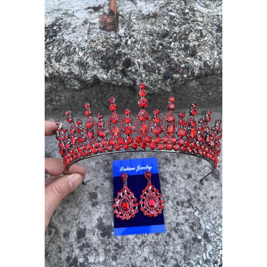 Abrienda Kırmızı Gelin Kına Tacı Özel Gün Aksesuar Kadın Taç Ve Damla Mekik Küpe Takımı-ABRİENDA-22 Abrienda Kırmızı Gelin Kına Tacı Özel Gün Aksesuar Kadın Taç Ve Damla Mekik Küpe Takımı-ABRİENDA-22