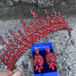 Abrienda Kırmızı Gelin Kına Tacı Özel Gün Aksesuar Kadın Taç Ve Üç Mekik Küpe Takımı-ABRİENDA-23 Abrienda Kırmızı Gelin Kına Tacı Özel Gün Aksesuar Kadın Taç Ve Üç Mekik Küpe Takımı-ABRİENDA-23