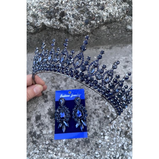 Abrienda Lacivert Gelin Kına Tacı Özel Gün Aksesuar Kadın Taç Ve Üç Mekik Küpe Takımı-ABRİENDA-24 Abrienda Lacivert Gelin Kına Tacı Özel Gün Aksesuar Kadın Taç Ve Üç Mekik Küpe Takımı-ABRİENDA-24