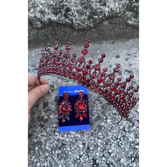 Abrienda Bordo Gelin Kına Tacı Özel Gün Aksesuar Kadın Taç Ve Üç Mekik Küpe Takımı-ABRİENDA-28 Abrienda Bordo Gelin Kına Tacı Özel Gün Aksesuar Kadın Taç Ve Üç Mekik Küpe Takımı-ABRİENDA-28