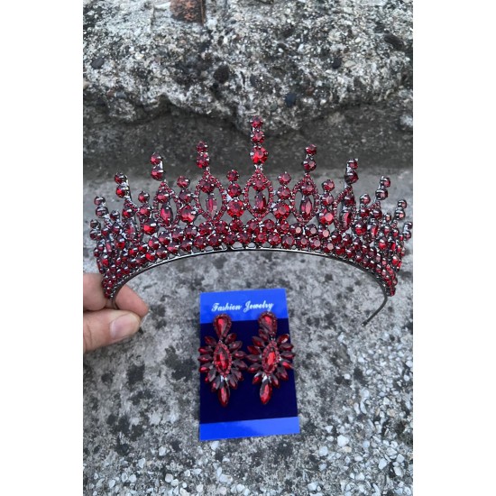 Abrienda Bordo Gelin Kına Tacı Özel Gün Aksesuar Kadın Taç Ve İnce Mekik Küpe Takımı-ABRİENDA-29 Abrienda Bordo Gelin Kına Tacı Özel Gün Aksesuar Kadın Taç Ve İnce Mekik Küpe Takımı-ABRİENDA-29