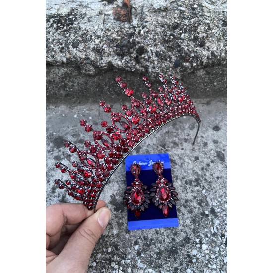 Abrienda Bordo Gelin Kına Tacı Özel Gün Aksesuar Kadın Taç Ve Geniş Mekik Küpe Takımı-ABRİENDA-30 Abrienda Bordo Gelin Kına Tacı Özel Gün Aksesuar Kadın Taç Ve Geniş Mekik Küpe Takımı-ABRİENDA-30
