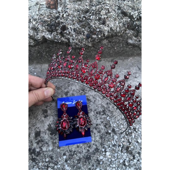 Abrienda Bordo Gelin Kına Tacı Özel Gün Aksesuar Kadın Taç Ve Geniş Mekik Küpe Takımı-ABRİENDA-30 Abrienda Bordo Gelin Kına Tacı Özel Gün Aksesuar Kadın Taç Ve Geniş Mekik Küpe Takımı-ABRİENDA-30