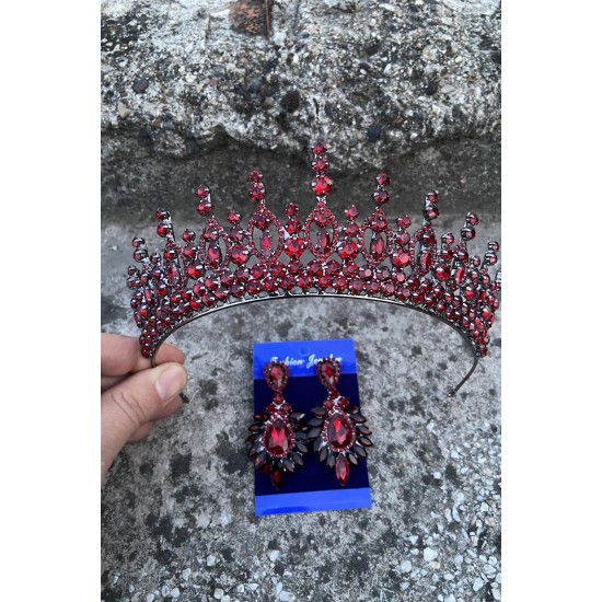 Abrienda Bordo Gelin Kına Tacı Özel Gün Aksesuar Kadın Taç Ve Geniş Mekik Küpe Takımı-ABRİENDA-30 Abrienda Bordo Gelin Kına Tacı Özel Gün Aksesuar Kadın Taç Ve Geniş Mekik Küpe Takımı-ABRİENDA-30