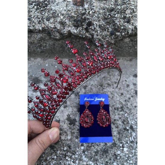 Abrienda Bordo Gelin Kına Tacı Özel Gün Aksesuar Kadın Taç Ve Damla Mekik Küpe Takımı-ABRİENDA-31 Abrienda Bordo Gelin Kına Tacı Özel Gün Aksesuar Kadın Taç Ve Damla Mekik Küpe Takımı-ABRİENDA-31