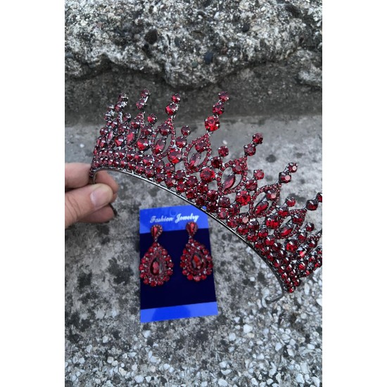Abrienda Bordo Gelin Kına Tacı Özel Gün Aksesuar Kadın Taç Ve Damla Mekik Küpe Takımı-ABRİENDA-31 Abrienda Bordo Gelin Kına Tacı Özel Gün Aksesuar Kadın Taç Ve Damla Mekik Küpe Takımı-ABRİENDA-31