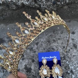 Abrienda Gold Gelin Kına Tacı Özel Gün Aksesuar Kadın Taç Ve Üç Mekik Küpe Takımı-ABRİENDA-32 Abrienda Gold Gelin Kına Tacı Özel Gün Aksesuar Kadın Taç Ve Üç Mekik Küpe Takımı-ABRİENDA-32