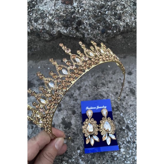 Abrienda Gold Gelin Kına Tacı Özel Gün Aksesuar Kadın Taç Ve Üç Mekik Küpe Takımı-ABRİENDA-32