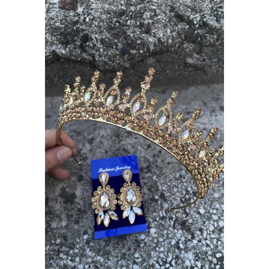 Abrienda Gold Gelin Kına Tacı Özel Gün Aksesuar Kadın Taç Ve Üç Mekik Küpe Takımı-ABRİENDA-32