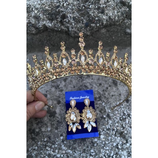 Abrienda Gold Gelin Kına Tacı Özel Gün Aksesuar Kadın Taç Ve Üç Mekik Küpe Takımı-ABRİENDA-32