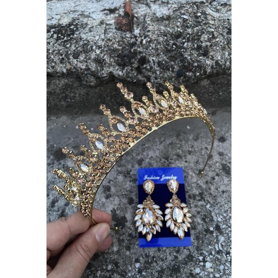 Abrienda Gold Gelin Kına Tacı Özel Gün Aksesuar Kadın Taç Ve Geniş Mekik Küpe Takımı-ABRİENDA-33