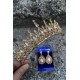 Abrienda Gold Gelin Kına Tacı Özel Gün Aksesuar Kadın Taç Ve Damla Mekik Küpe Takımı-ABRİENDA-34