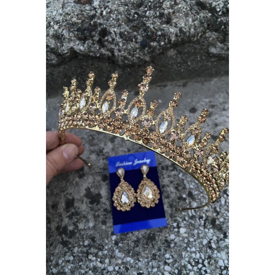 Abrienda Gold Gelin Kına Tacı Özel Gün Aksesuar Kadın Taç Ve Damla Mekik Küpe Takımı-ABRİENDA-34