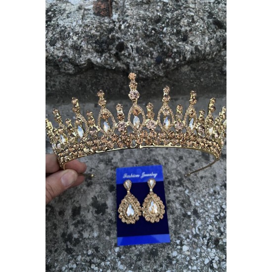Abrienda Gold Gelin Kına Tacı Özel Gün Aksesuar Kadın Taç Ve Damla Mekik Küpe Takımı-ABRİENDA-34