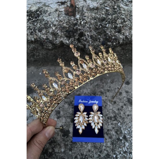 Abrienda Gold Gelin Kına Tacı Özel Gün Aksesuar Kadın Taç Ve İnce Mekik Küpe Takımı-ABRİENDA-35