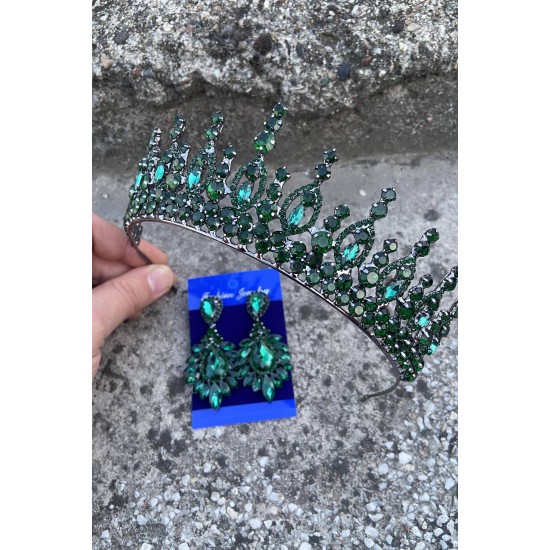 Abrienda Yeşil Gelin Kına Tacı Özel Gün Aksesuar Kadın Taç Ve Geniş Mekik Küpe Takımı-ABRİENDA-9 Abrienda Yeşil Gelin Kına Tacı Özel Gün Aksesuar Kadın Taç Ve Geniş Mekik Küpe Takımı-ABRİENDA-9