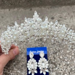 Aldonsa Gümüş Gelin Kına Tacı Özel Gün Aksesuar Kadın Taç Ve Üç Mekik Küpe Takımı-ALDONSA-10 Aldonsa Gümüş Gelin Kına Tacı Özel Gün Aksesuar Kadın Taç Ve Üç Mekik Küpe Takımı-ALDONSA-10