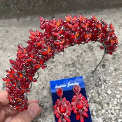 Aldonsa Kırmızı Gelin Kına Tacı Özel Gün Aksesuar Kadın Taç Ve Üç Mekik Küpe Takımı-ALDONSA-11 Aldonsa Kırmızı Gelin Kına Tacı Özel Gün Aksesuar Kadın Taç Ve Üç Mekik Küpe Takımı-ALDONSA-11