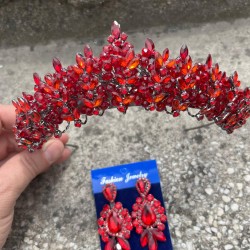 Aldonsa Kırmızı Gelin Kına Tacı Özel Gün Aksesuar Kadın Taç Ve Üç Mekik Küpe Takımı-ALDONSA-11 Aldonsa Kırmızı Gelin Kına Tacı Özel Gün Aksesuar Kadın Taç Ve Üç Mekik Küpe Takımı-ALDONSA-11