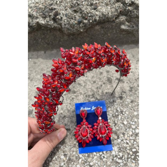 Aldonsa Kırmızı Gelin Kına Tacı Özel Gün Aksesuar Kadın Taç Ve Geniş Mekik Küpe Takımı-ALDONSA-12 Aldonsa Kırmızı Gelin Kına Tacı Özel Gün Aksesuar Kadın Taç Ve Geniş Mekik Küpe Takımı-ALDONSA-12