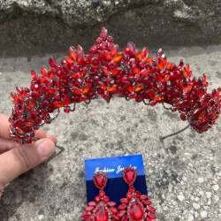 Aldonsa Kırmızı Gelin Kına Tacı Özel Gün Aksesuar Kadın Taç Ve Geniş Mekik Küpe Takımı-ALDONSA-12 Aldonsa Kırmızı Gelin Kına Tacı Özel Gün Aksesuar Kadın Taç Ve Geniş Mekik Küpe Takımı-ALDONSA-12