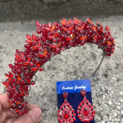 Aldonsa Kırmızı Gelin Kına Tacı Özel Gün Aksesuar Kadın Taç Ve Damla Mekik Küpe Takımı-ALDONSA-13 Aldonsa Kırmızı Gelin Kına Tacı Özel Gün Aksesuar Kadın Taç Ve Damla Mekik Küpe Takımı-ALDONSA-13