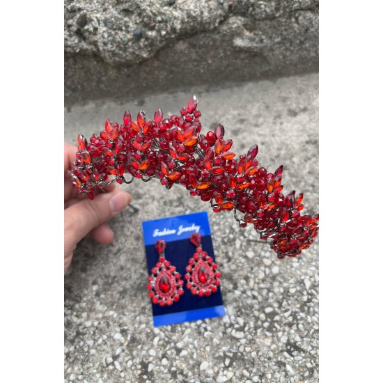 Aldonsa Kırmızı Gelin Kına Tacı Özel Gün Aksesuar Kadın Taç Ve Damla Mekik Küpe Takımı-ALDONSA-13 Aldonsa Kırmızı Gelin Kına Tacı Özel Gün Aksesuar Kadın Taç Ve Damla Mekik Küpe Takımı-ALDONSA-13