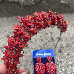 Aldonsa Kırmızı Gelin Kına Tacı Özel Gün Aksesuar Kadın Taç Ve İnce Mekik Küpe Takımı-ALDONSA-14 Aldonsa Kırmızı Gelin Kına Tacı Özel Gün Aksesuar Kadın Taç Ve İnce Mekik Küpe Takımı-ALDONSA-14