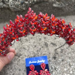 Aldonsa Kırmızı Gelin Kına Tacı Özel Gün Aksesuar Kadın Taç Ve İnce Mekik Küpe Takımı-ALDONSA-14 Aldonsa Kırmızı Gelin Kına Tacı Özel Gün Aksesuar Kadın Taç Ve İnce Mekik Küpe Takımı-ALDONSA-14