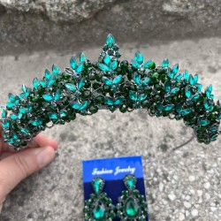 Aldonsa Yeşil Gelin Kına Tacı Özel Gün Aksesuar Kadın Taç Ve Üç Mekik Küpe Takımı-ALDONSA-18 Aldonsa Yeşil Gelin Kına Tacı Özel Gün Aksesuar Kadın Taç Ve Üç Mekik Küpe Takımı-ALDONSA-18