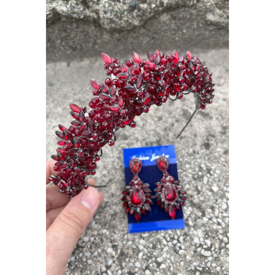 Aldonsa Bordo Gelin Kına Tacı Özel Gün Aksesuar Kadın Taç Ve Geniş Mekik Küpe Takımı-ALDONSA-19 Aldonsa Bordo Gelin Kına Tacı Özel Gün Aksesuar Kadın Taç Ve Geniş Mekik Küpe Takımı-ALDONSA-19