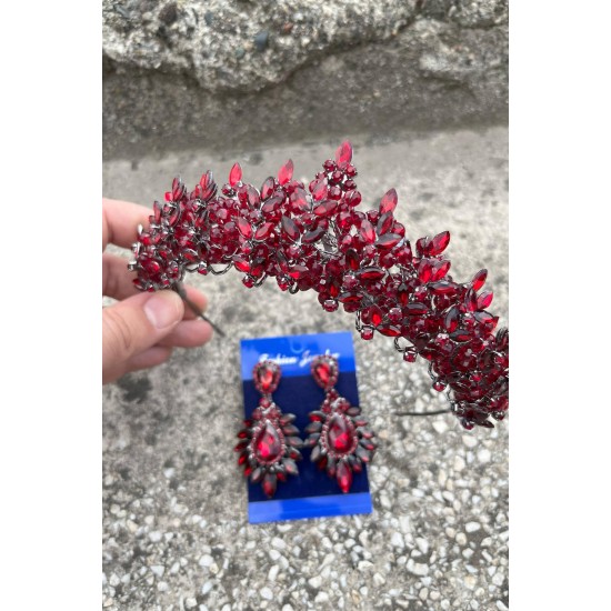 Aldonsa Bordo Gelin Kına Tacı Özel Gün Aksesuar Kadın Taç Ve Geniş Mekik Küpe Takımı-ALDONSA-19 Aldonsa Bordo Gelin Kına Tacı Özel Gün Aksesuar Kadın Taç Ve Geniş Mekik Küpe Takımı-ALDONSA-19
