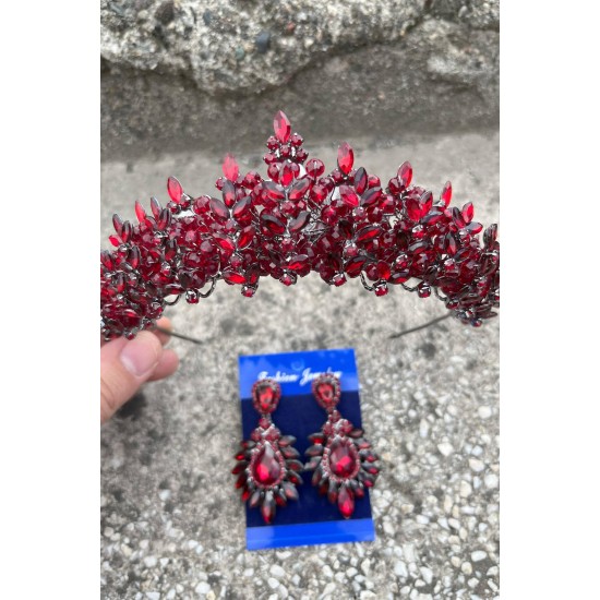 Aldonsa Bordo Gelin Kına Tacı Özel Gün Aksesuar Kadın Taç Ve Geniş Mekik Küpe Takımı-ALDONSA-19 Aldonsa Bordo Gelin Kına Tacı Özel Gün Aksesuar Kadın Taç Ve Geniş Mekik Küpe Takımı-ALDONSA-19
