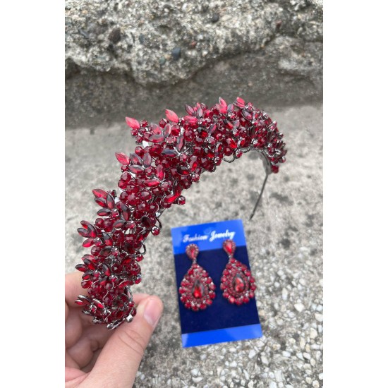 Aldonsa Bordo Gelin Kına Tacı Özel Gün Aksesuar Kadın Taç Ve Damla Mekik Küpe Takımı-ALDONSA-20