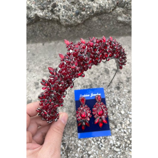 Aldonsa Bordo Gelin Kına Tacı Özel Gün Aksesuar Kadın Taç Ve Üç Mekik Küpe Takımı-ALDONSA-21 Aldonsa Bordo Gelin Kına Tacı Özel Gün Aksesuar Kadın Taç Ve Üç Mekik Küpe Takımı-ALDONSA-21