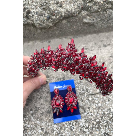 Aldonsa Bordo Gelin Kına Tacı Özel Gün Aksesuar Kadın Taç Ve Üç Mekik Küpe Takımı-ALDONSA-21 Aldonsa Bordo Gelin Kına Tacı Özel Gün Aksesuar Kadın Taç Ve Üç Mekik Küpe Takımı-ALDONSA-21