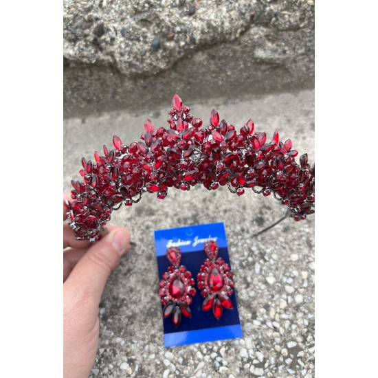 Aldonsa Bordo Gelin Kına Tacı Özel Gün Aksesuar Kadın Taç Ve Üç Mekik Küpe Takımı-ALDONSA-21 Aldonsa Bordo Gelin Kına Tacı Özel Gün Aksesuar Kadın Taç Ve Üç Mekik Küpe Takımı-ALDONSA-21