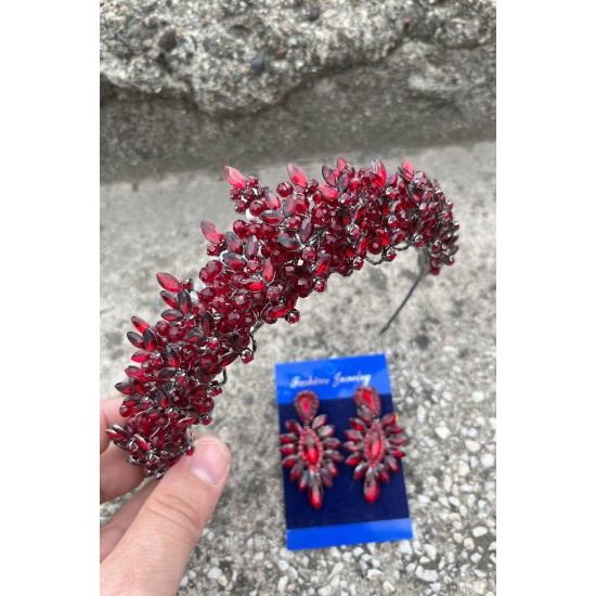 Aldonsa Bordo Gelin Kına Tacı Özel Gün Aksesuar Kadın Taç Ve İnce Mekik Küpe Takımı-ALDONSA-22 Aldonsa Bordo Gelin Kına Tacı Özel Gün Aksesuar Kadın Taç Ve İnce Mekik Küpe Takımı-ALDONSA-22