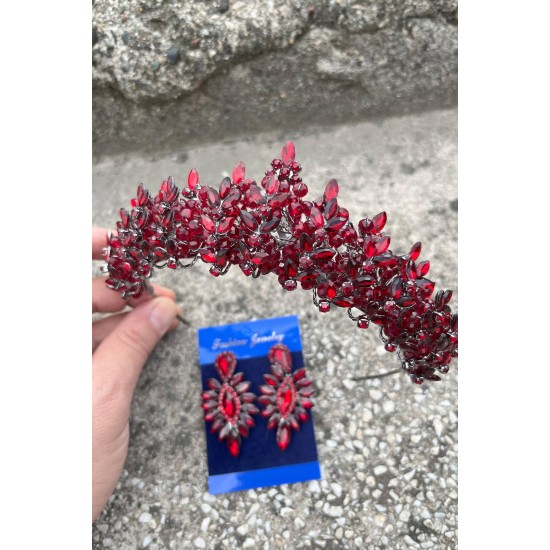 Aldonsa Bordo Gelin Kına Tacı Özel Gün Aksesuar Kadın Taç Ve İnce Mekik Küpe Takımı-ALDONSA-22 Aldonsa Bordo Gelin Kına Tacı Özel Gün Aksesuar Kadın Taç Ve İnce Mekik Küpe Takımı-ALDONSA-22